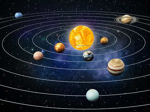 Solar system planets orbiting the sun. 3D illustration.\nLinks for texture maps:\n\nvenus:https://www.jpl.nasa.gov/spaceimages/images/largesize/PIA00256_hires.jpg\n\njupiter:https://www.jpl.nasa.gov/spaceimages/images/largesize/PIA07782_hires.jpg\n\nmars:https://nasa3d.arc.nasa.gov/detail/mar0kuu2\n\nearth:https://www.nasa.gov/centers/goddard/images/content/135704main_worldview_lg.jpg\n\nmercury:https://www.nasa.gov/sites/default/files/images/531904main_MESSENGEROrbitImage_full.jpg\n\nmoon:https://svs.gsfc.nasa.gov/4720\n\nsaturn:https://nasa3d.arc.nasa.gov/detail/sat0fds1