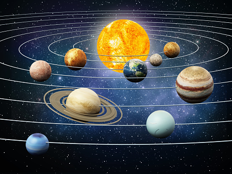 Solar system planets orbiting the sun. 3D illustration.\nLinks for texture maps:\n\nvenus:https://www.jpl.nasa.gov/spaceimages/images/largesize/PIA00256_hires.jpg\n\njupiter:https://www.jpl.nasa.gov/spaceimages/images/largesize/PIA07782_hires.jpg\n\nmars:https://nasa3d.arc.nasa.gov/detail/mar0kuu2\n\nearth:https://www.nasa.gov/centers/goddard/images/content/135704main_worldview_lg.jpg\n\nmercury:https://www.nasa.gov/sites/default/files/images/531904main_MESSENGEROrbitImage_full.jpg\n\nmoon:https://svs.gsfc.nasa.gov/4720\n\nsaturn:https://nasa3d.arc.nasa.gov/detail/sat0fds1