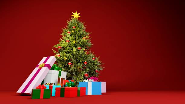 istock Christmas concept backdrop. Christmas tree with gift boxes on red background. Digital 3D render. 1288298491