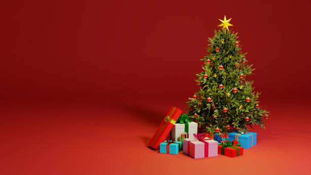 istock Christmas concept backdrop. Christmas tree with gift boxes on red background. Digital 3D render. 1288298518