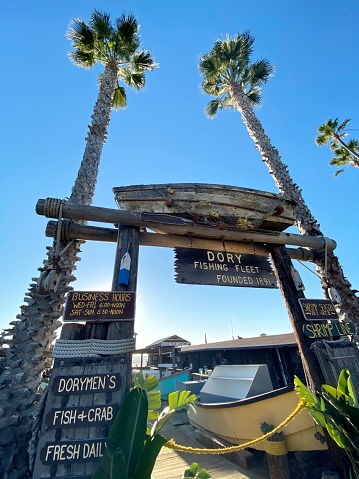 Newport Beach, USA - January 07, 2020: Historic Dory Fleet Fish and crab Market entrance