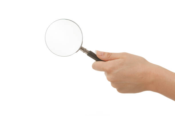 istock Female hand is holding a magnifying glass on white background 1288301721