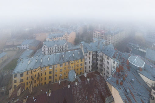 Old Riga in the early morning mist, photographed from a drone.