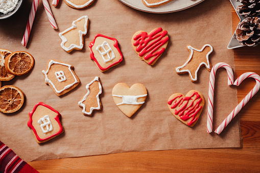 Baking Christmas cookies at home - Covid-19 pandemic concept