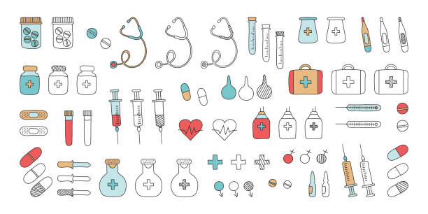 의학 도구 낙서 벡터 아이콘. 응급 처치 키트, 주사기 및 청진기, 약병, 알약, 온도계, 의료 석고, 파이펫. 평면 및 윤곽 디자인. - syringe injecting vaccination healthcare and medicine stock illustrations