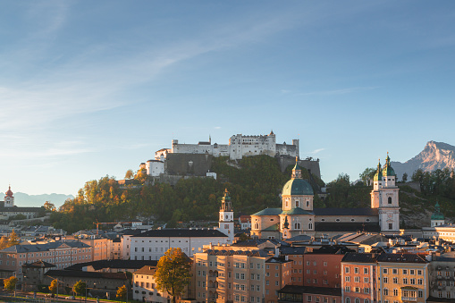 Aerial view of the historic centre of Salzburg with a view of the famous Hohensalzburg Fortress (on the right).