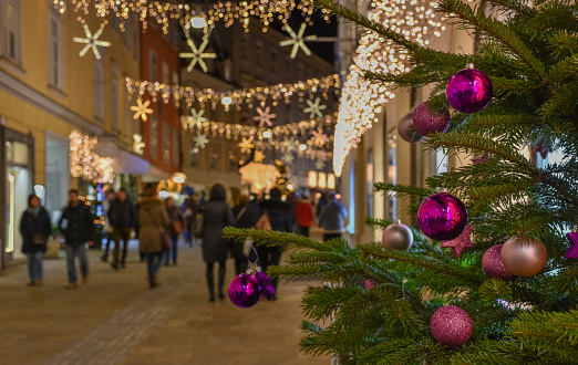 Beautiful Christmas decorations on Herrengasse street, at night, in the city center of Graz, Styria region, Austria