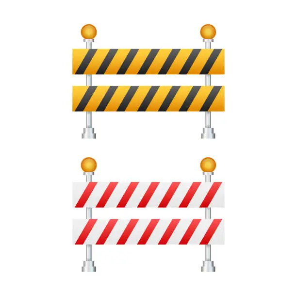 Vector illustration of Under Construction Barrier. Road closed on white background. Fence of building or repair works sign. Vector stock illustration.