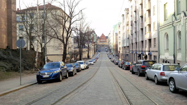 Helsinki, Finland - July 4, 2018: A typical apartment lined street in downtown Helsinki