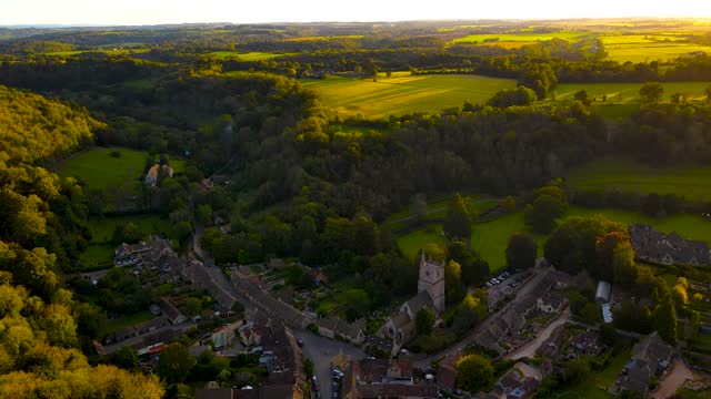 Aerial view of Castle Combe, a village and civil parish within the Cotswolds Area of Natural Beauty in England