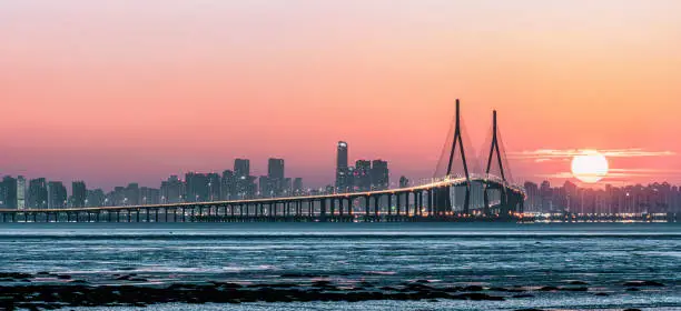 beautiful landscape of incheon bridge on sunrise in south korea