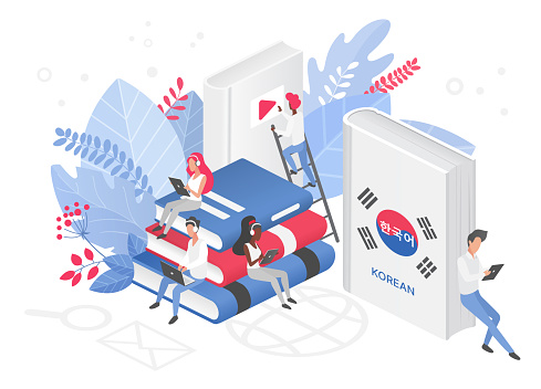 People learning Korean language isometric 3d vector illustration. Korea Distance education, online learning courses concept. Students reading books cartoon characters. Teaching foreign languages