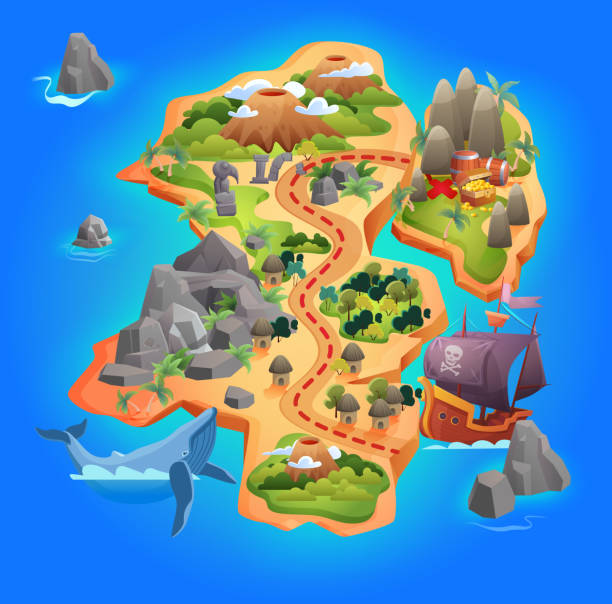 Treasure game map, cartoon tropical island map showing road direction to pirate gold treasure Treasure game map vector illustration. Cartoon tropical island map showing road direction to pirate gold treasure, through mountains and forests, starting from piratical ship by sea, gaming background pirate map stock illustrations