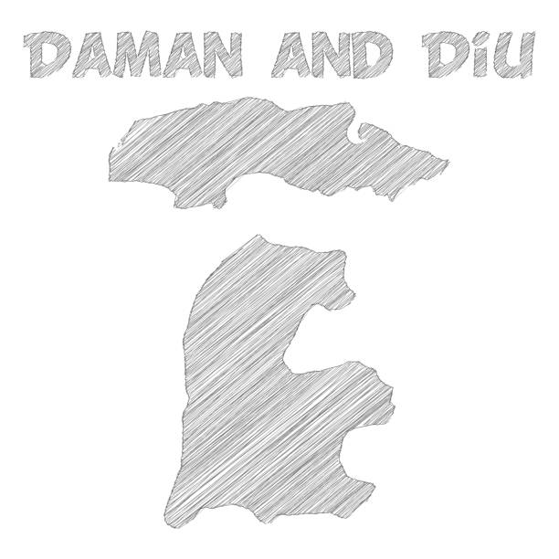 Daman and Diu map hand drawn on white background Map of Daman and Diu sketched, isolated on a blank background. Vector Illustration (EPS10, well layered and grouped). Easy to edit, manipulate, resize or colorize. diu island stock illustrations