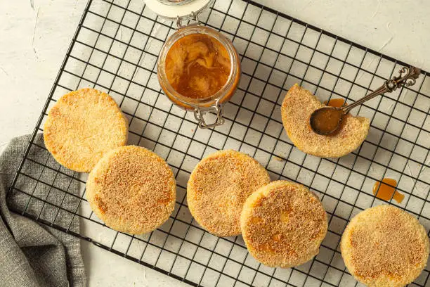 Photo of Moroccan Harcha Semolina pan fried. Flatbread served with honey or syrup made from melted butter and honey. Harcha is a traditional breakfast from the north of Africa