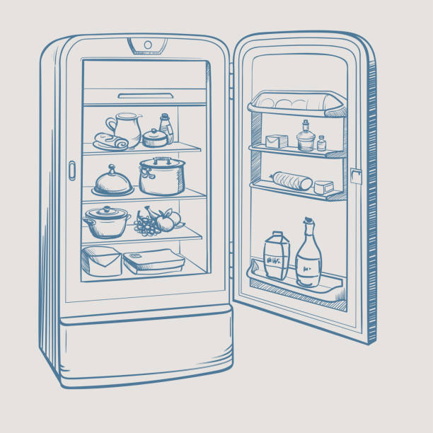 Sketch illustration of retro refrigerator with groceries Sketch illustration of retro refrigerator with groceries on a color background tureen stock illustrations