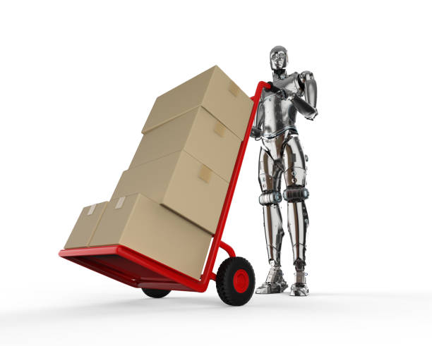 Automatic warehouse concept with 3d rendering automation robot with hand truck