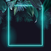 istock Tropical elegant frame arranged from exotic emerald leaves Design vector. 1288334631