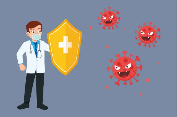 Vector illustration of nice good looking young doctor holding shield and fight virus