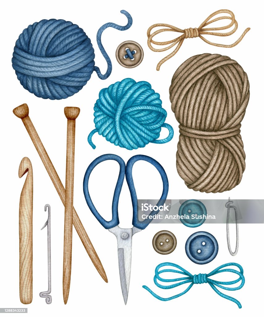 Watercolor Knitting And Crocheting Tools Set Wooden Knitting