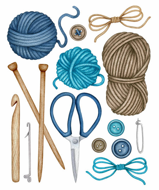 A set of various crochet and knitting tools. Color vector flat illustration  isolated on white background. Knitting scissors, pins, crochet hooks, knitting  needles, and skeins of thread. 25948387 Vector Art at Vecteezy