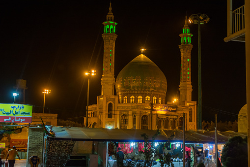 Night view of a common historic mosque at the roadside from  Isfahan to Tehran, Iran