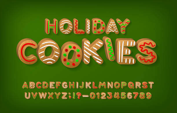 ilustrações, clipart, desenhos animados e ícones de fonte do alfabeto holiday cookie. letras e números de desenhos animados 3d. - holiday cookies