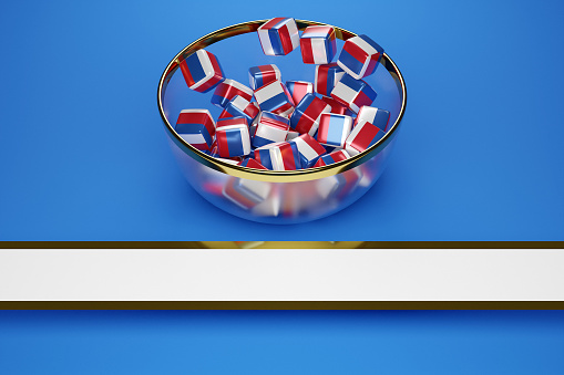 3D illustration in a beautiful transparent plate licks many identical cubes with the image of the national flag of Russia. The symbol of the country, the unity of the people.PLaying dice with flag