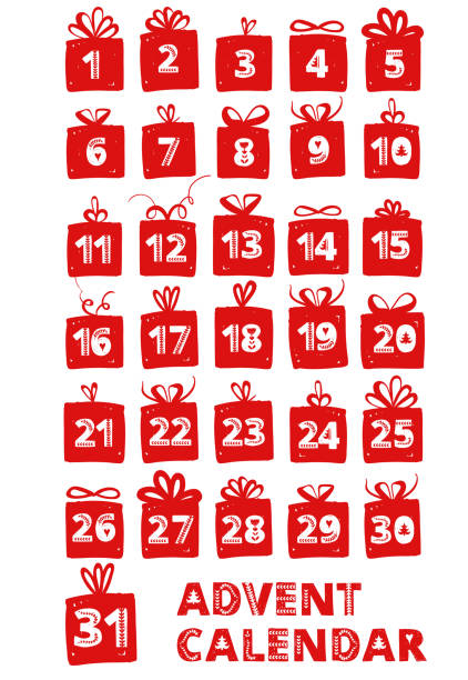 illustrazioni stock, clip art, cartoni animati e icone di tendenza di calendario dell'avvento. biglietti di auguri per le festività natalizie per il conto alla rovescia. numeri in regali - handmade paper illustrations