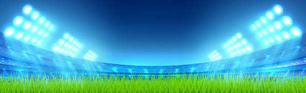 istock Realistic football stadium with full stands and a green lawn 1288363376