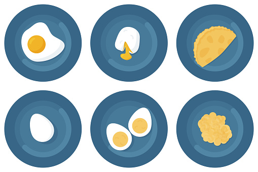 egg preparation options: boiled, fried, poached egg, omelette with milk, scrambled eggs. Vector illustration