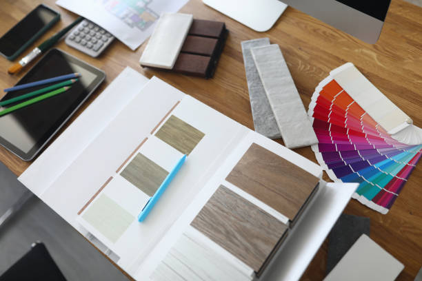 istock Samples of products with color palette lie on table. 1288368365