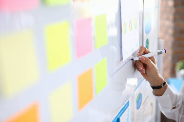 istock Woman draws graphics on white board and holds presentation 1288368382