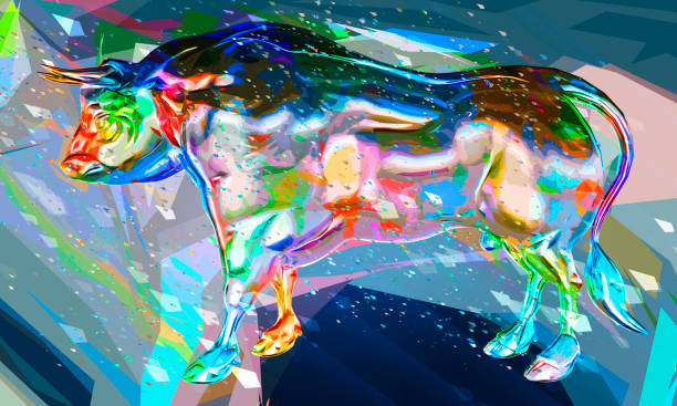 Illustration White metal bull in abstract colorful style
