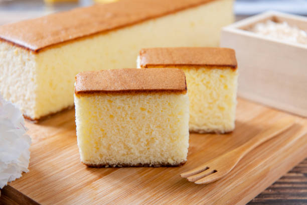 sponge cake with matcha and honey, castella cake,  (Japanese sponge cake) stock photo
