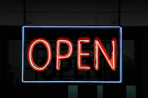 istock open sign LED light, red and blue color. 1288370784