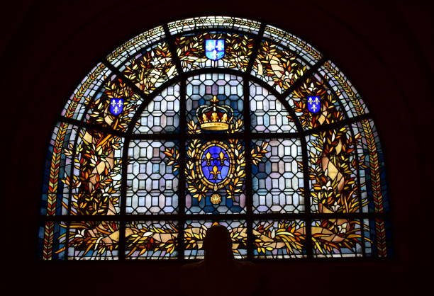 house of bourbon coat of arms. stained glass window at saint denis basilica. paris, france. august 12, 2019. - church close up paris france gothic style imagens e fotografias de stock