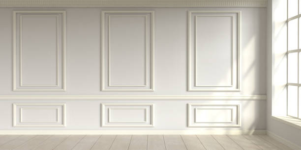nowoczesne klasyczne białe puste wnętrze z panelami ścienowymi i drewnianą podłogą. renderowanie 3d - trójwymiarowa forma zdjęcia i obrazy z banku zdjęć