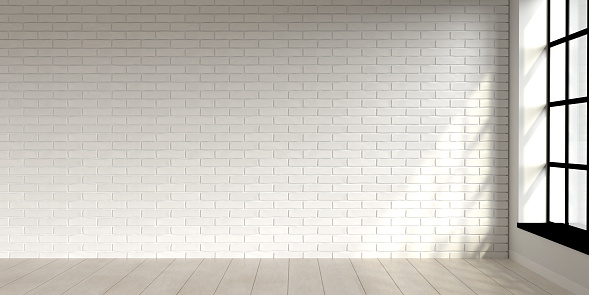 White brick wall in loft style room. Scene with minimal living room interior design and white brick wall pattern background idea. 3d illustration