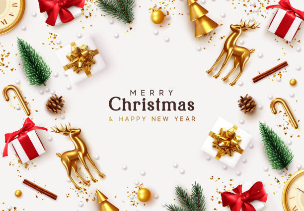 Christmas background. Xmas decoration design, gold deer, antique clock, realistic gift boxes, lush spruce, metal pine, glitter confetti, different ornaments. Festive decorative items, flat top view. Christmas background. Xmas decoration design, gold deer, antique clock, realistic gift boxes, lush spruce, metal pine, glitter confetti, different ornaments. Festive decorative items, flat top view. cinnamon stick spice food stock illustrations