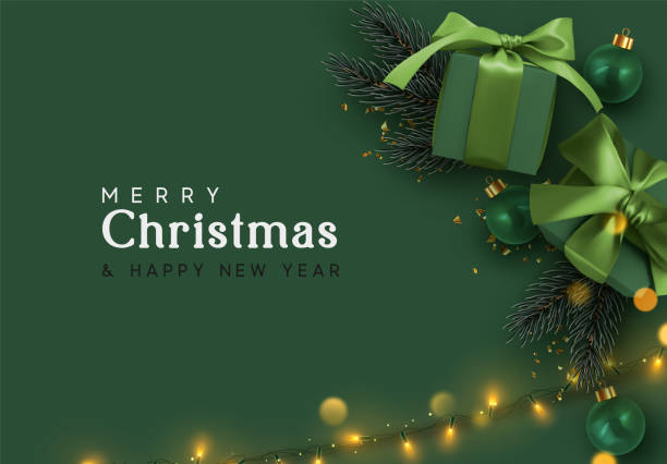 ilustrações de stock, clip art, desenhos animados e ícones de holiday background merry christmas and happy new year. xmas design with realistic festive objects, dark green color gift box, balls, light lamps garlands, glitter gold confetti. festive banner, poster - christmas table