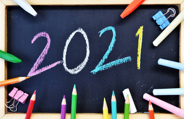 istock 2021 Hand writing chalk on blackboard, Happy new year concept, back to school 1288380109