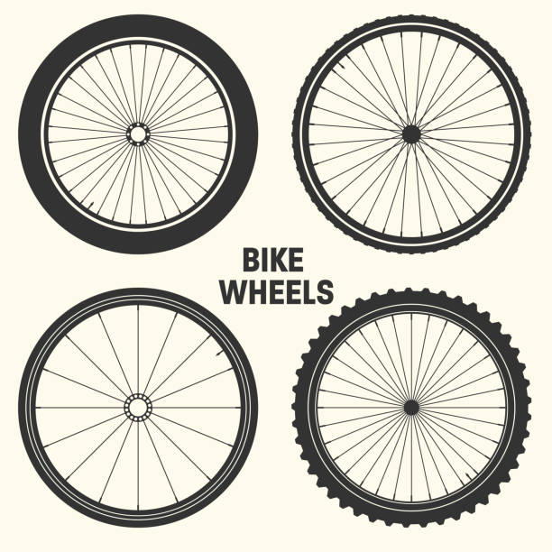 bicycle wheel symbol vector illustration. bike rubber mountain tyre, valve. fitness cycle, mtb, mountainbike - fahrradfahrer stock-grafiken, -clipart, -cartoons und -symbole