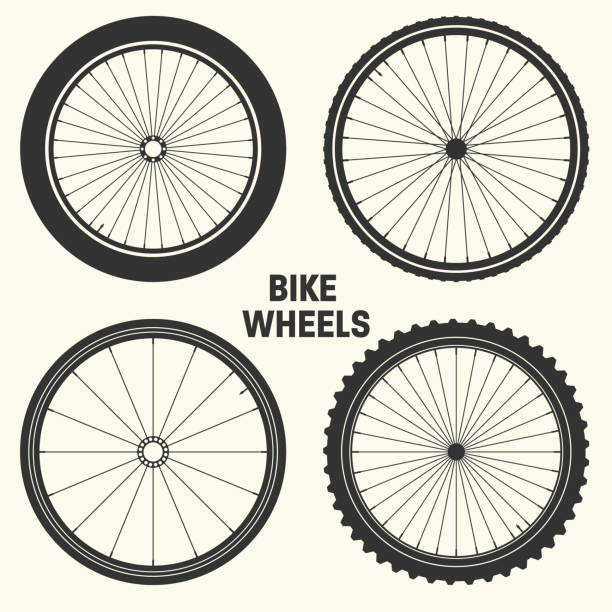 ilustrações, clipart, desenhos animados e ícones de ilustração vetorial símbolo da roda de bicicleta. pneu de montanha de borracha de borracha, válvula. ciclo fitness, mtb, mountain bike - bicycle wheel tire spoke