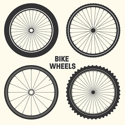 Bicycle wheel symbol vector illustration. Bike rubber mountain tyre, valve. Fitness cycle, mtb, mountainbike