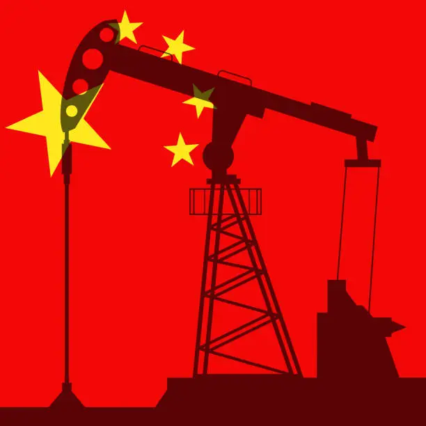 Vector illustration of Oil pump on background of flag of China. Vector illustration