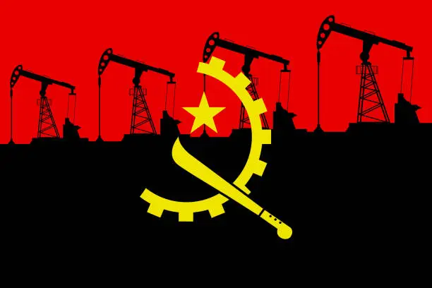 Vector illustration of Oil pump on background of flag of Angola. Vector illustration