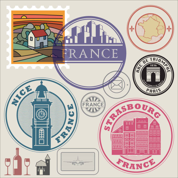 ilustrações, clipart, desenhos animados e ícones de selos de viagem definidos, tema da frança - city of nice illustrations