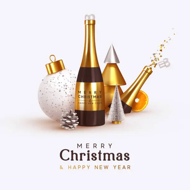Vector illustration of Christmas abstract background. Realistic design objects, explosion cork from bottle champagne wines, 3d render metal conical golden tree, lush green tree, orange, white big ball, glitter gold confetti