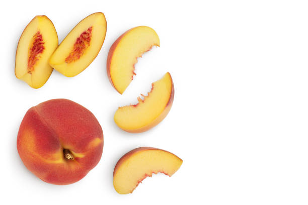istock ripe peach isolated on white background with clipping path. Top view with copy space for your text. Flat lay pattern 1288389324